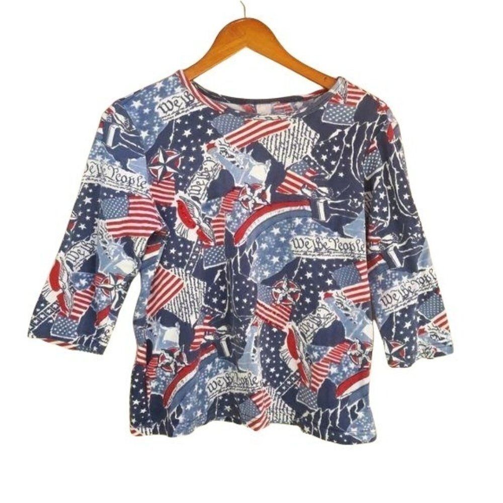 Patriotic American Flag Statue Of Liberty Scoop Neck 3/4‎ Sleeve Top Blue Sz PL